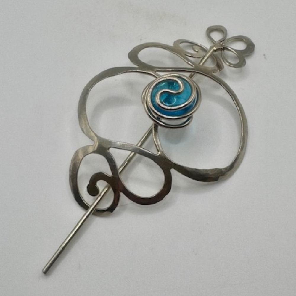 Hammered Silver Hair Slide w Turquoise blue bead accent